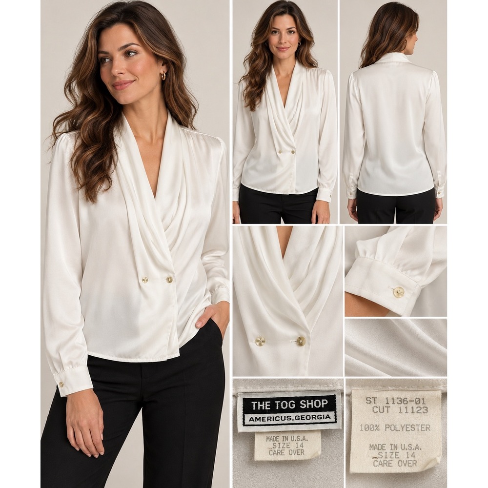 Vintage The Tog Shop Blouse Womens 14 White Satin Cowl Neck Made USA 80s 90s
